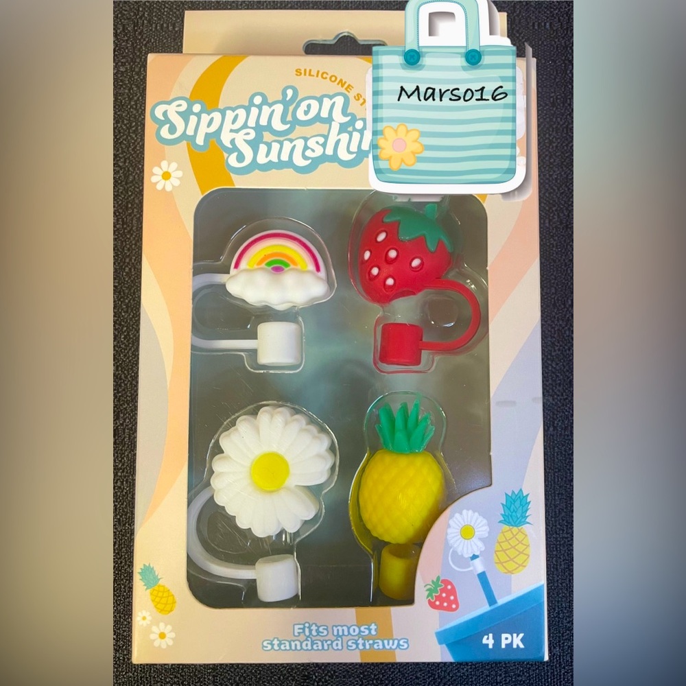 Drinking Straw Covers 4 Sippin Sunshine *Flower Rainbow Strawberry Pineapple NIB